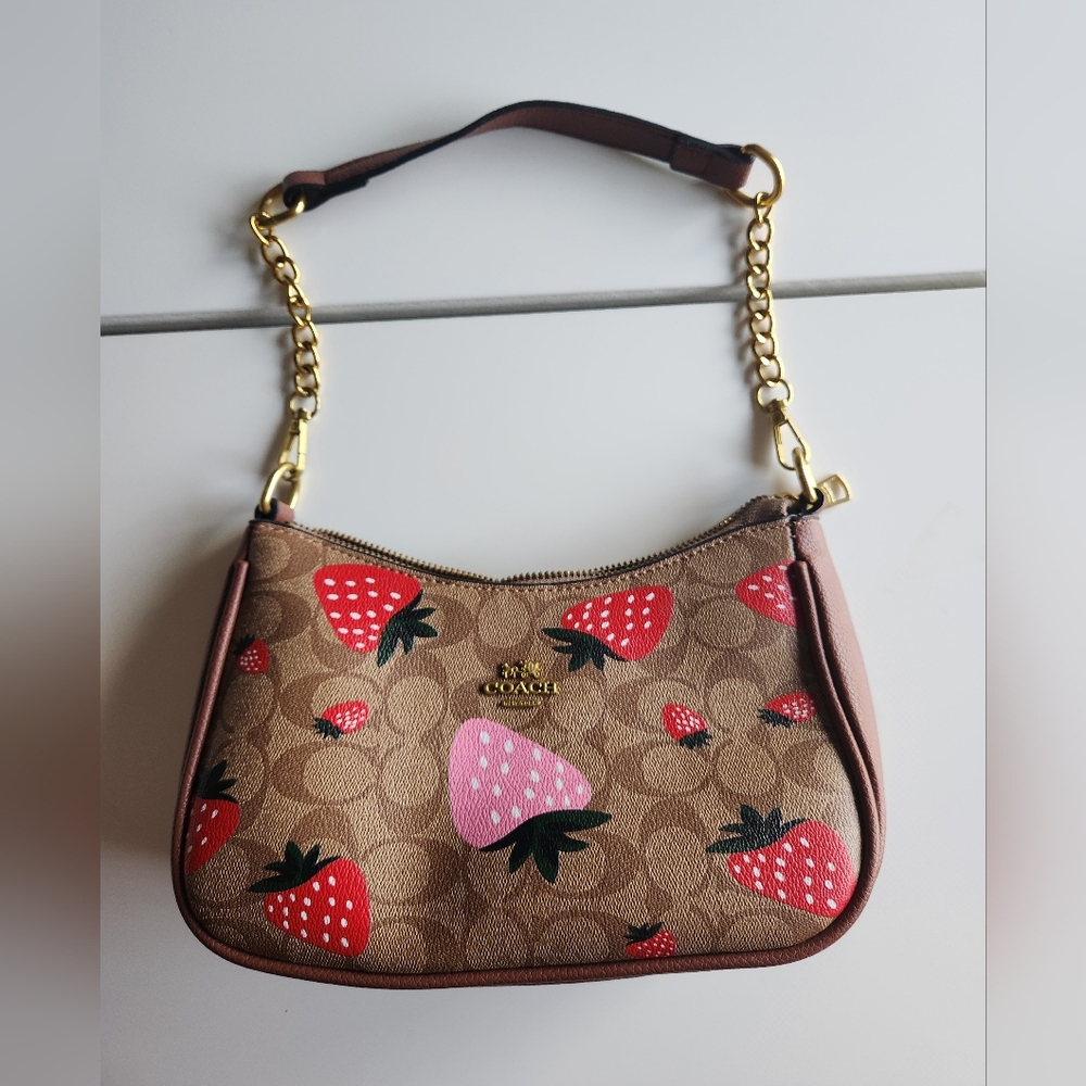 Coach Tan and Pink Strawberry Shoulder Bag